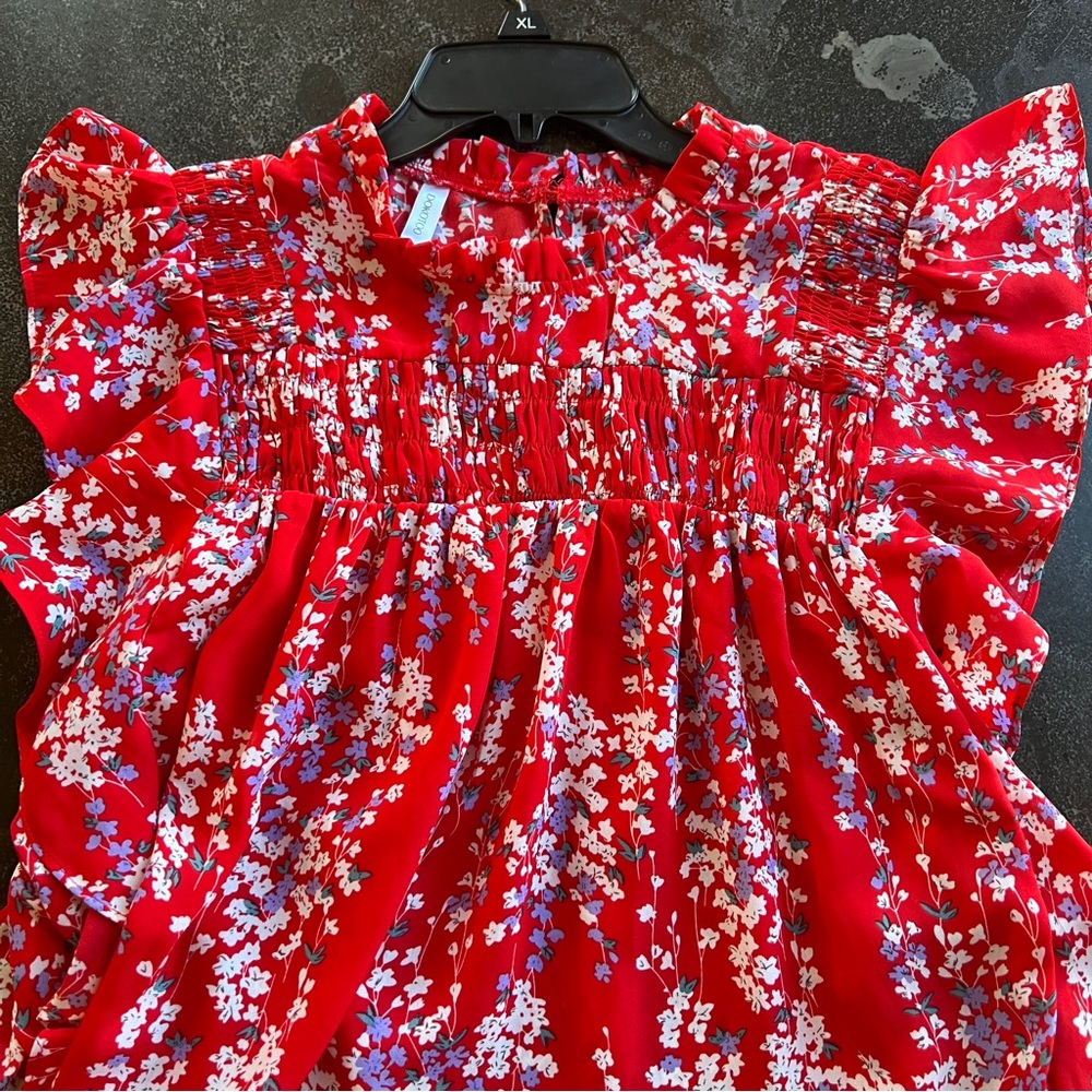 Floral Red Blouse with Ruffle Sleeves and Ruching - Size XL